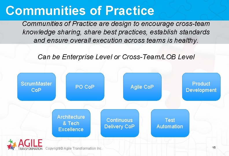 Communities of Practice are design to encourage cross-team knowledge sharing, share best practices, establish
