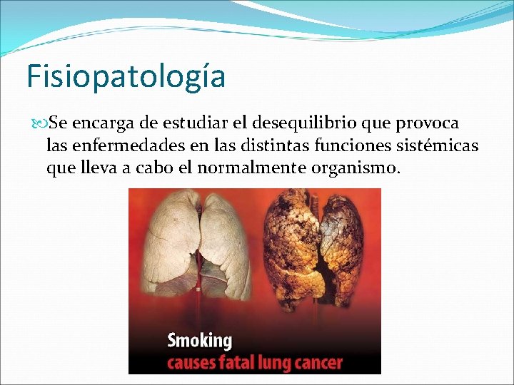 Fisiopatología Se encarga de estudiar el desequilibrio que provoca las enfermedades en las distintas