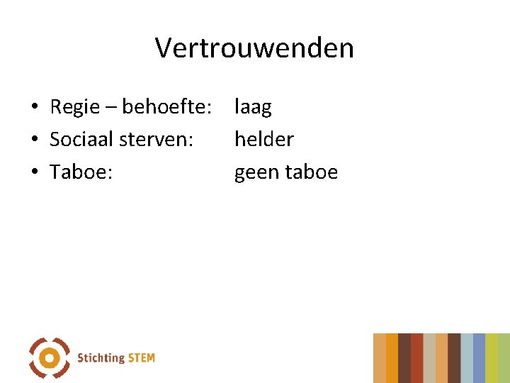 Vertrouwenden • Regie – behoefte: laag • Sociaal sterven: helder • Taboe: geen taboe