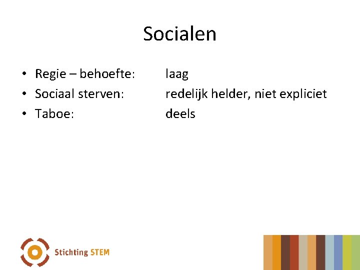 Socialen • Regie – behoefte: • Sociaal sterven: • Taboe: laag redelijk helder, niet