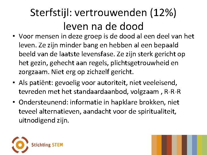 Sterfstijl: vertrouwenden (12%) leven na de dood • Voor mensen in deze groep is