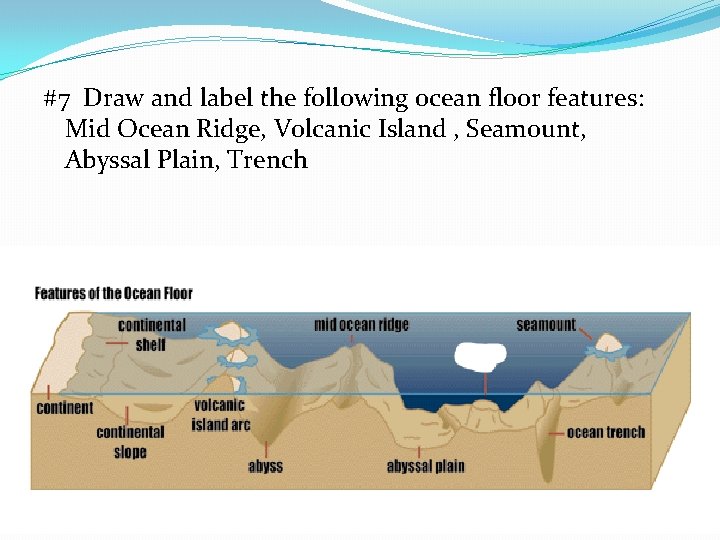 #7 Draw and label the following ocean floor features: Mid Ocean Ridge, Volcanic Island