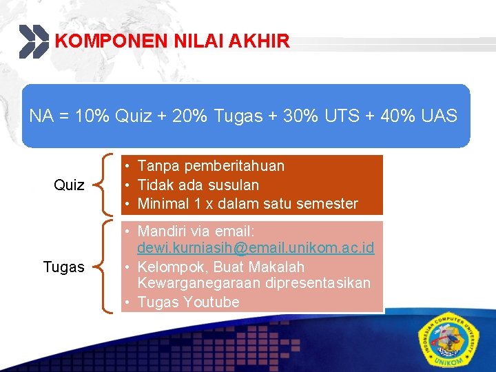 KOMPONEN NILAI AKHIR Add your company slogan NA = 10% Quiz + 20% Tugas