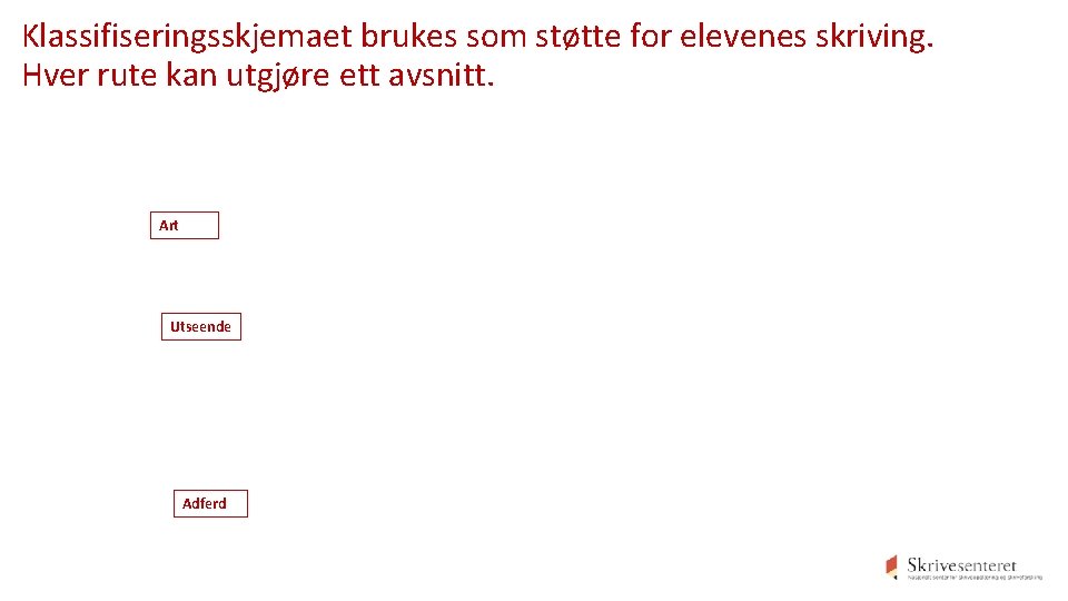 Klassifiseringsskjemaet brukes som støtte for elevenes skriving. Hver rute kan utgjøre ett avsnitt. Art