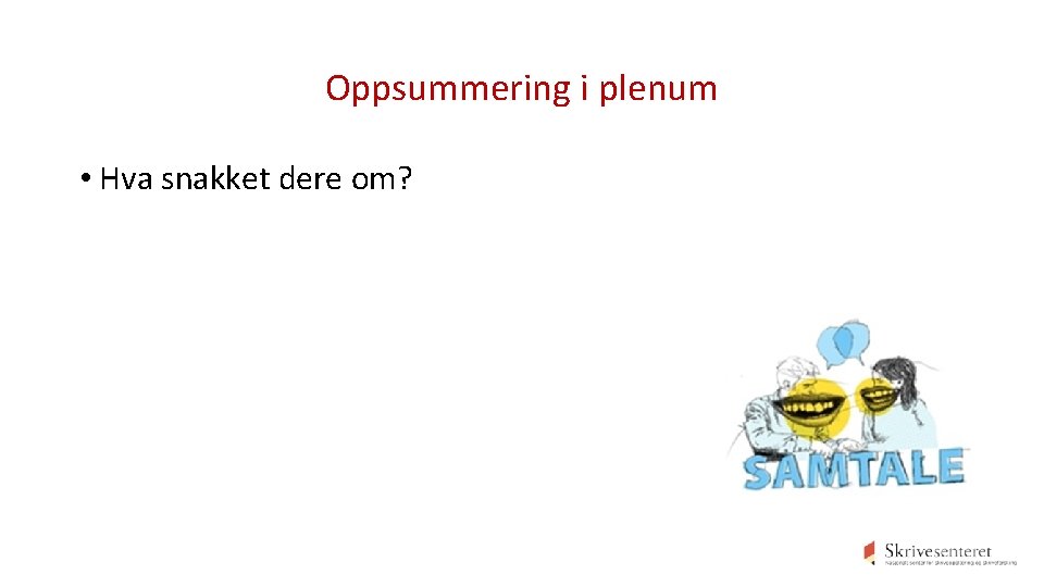 Oppsummering i plenum • Hva snakket dere om? 