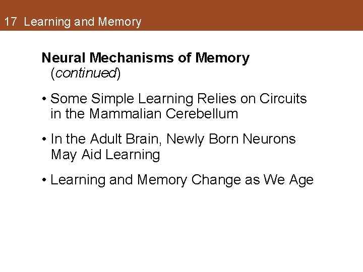 17 Learning and Memory Neural Mechanisms of Memory (continued) • Some Simple Learning Relies 17 Learning and Memory Neural Mechanisms of Memory (continued) • Some Simple Learning Relies