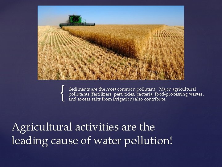 { Sediments are the most common pollutant. Major agricultural pollutants (fertilizers, pesticides, bacteria, food-processing