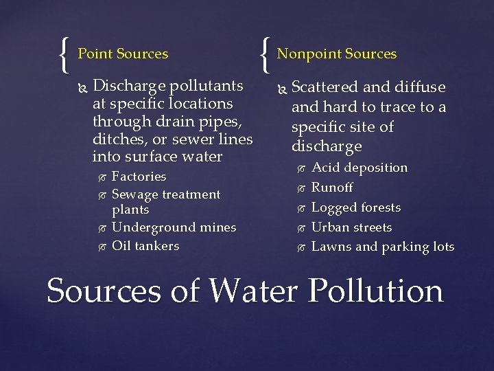 { Point Sources Discharge pollutants at specific locations through drain pipes, ditches, or sewer