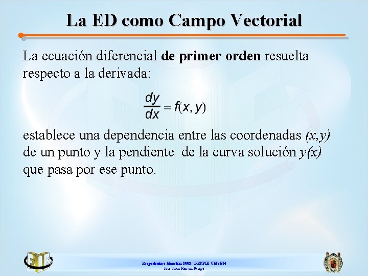 La ED como Campo Vectorial La ecuación diferencial de primer orden resuelta respecto a