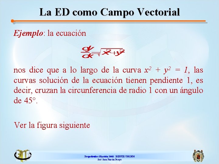 La ED como Campo Vectorial Ejemplo: la ecuación nos dice que a lo largo