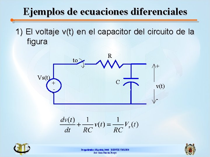 Ejemplos de ecuaciones diferenciales 1) El voltaje v(t) en el capacitor del circuito de