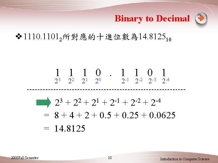 Binary to Decimal v 1110. 11012所對應的十進位數為 14. 812510 13 12 11 00. 1 -1