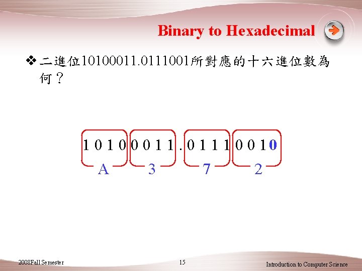 Binary to Hexadecimal v 二進位10100011. 0111001所對應的十六進位數為 何？ 1 0 0 0 1 1 1
