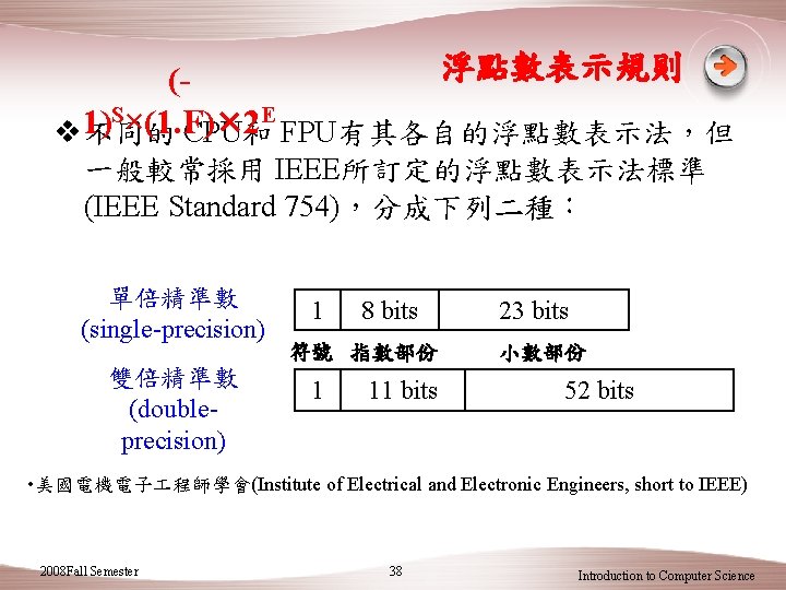 浮點數表示規則 (S×(1. F)× 2 E 1) v 不同的 CPU和 FPU有其各自的浮點數表示法，但 一般較常採用 IEEE所訂定的浮點數表示法標準 (IEEE Standard