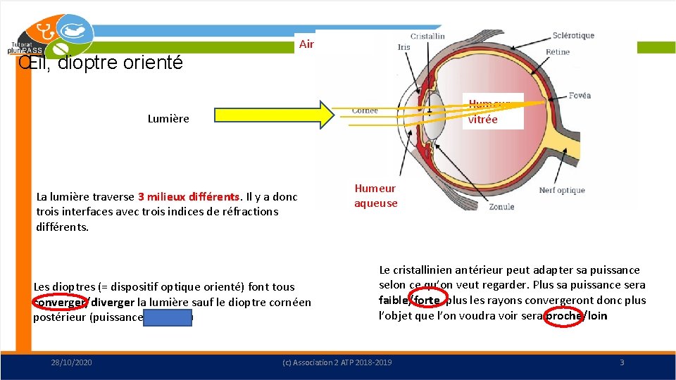 Air Œil, dioptre orienté Humeur vitrée Lumière La lumière traverse 3 milieux différents. Il