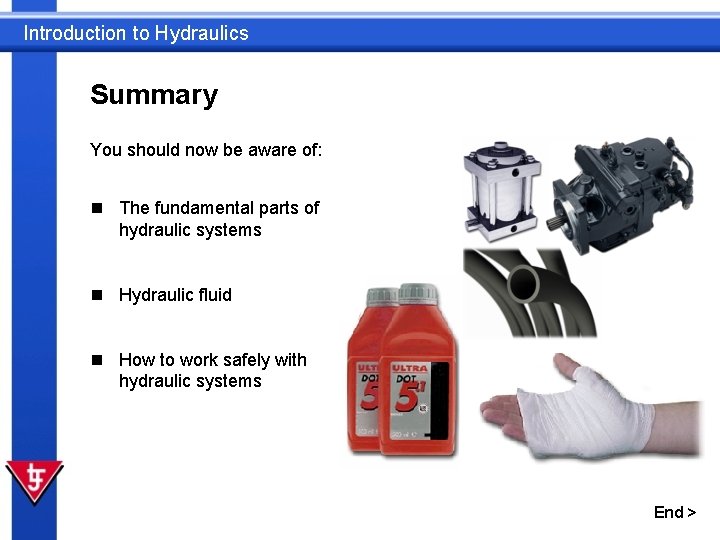 Introduction to Hydraulics Summary You should now be aware of: n The fundamental parts