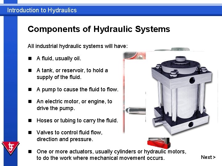 Introduction to Hydraulics Components of Hydraulic Systems All industrial hydraulic systems will have: n