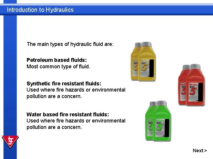 Introduction to Hydraulics The main types of hydraulic fluid are: Petroleum based fluids: Most