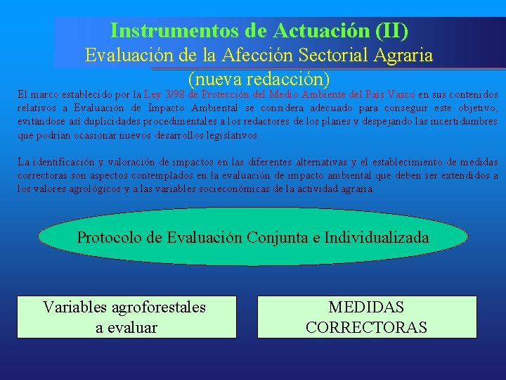 Instrumentos de Actuación (II) Evaluación de la Afección Sectorial Agraria (nueva redacción) El marco