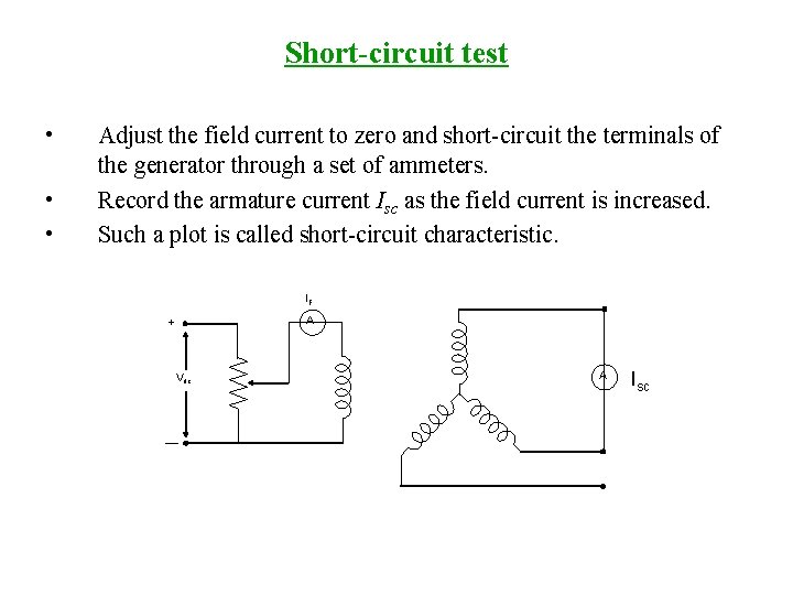 Short-circuit test • • • Adjust the field current to zero and short-circuit the