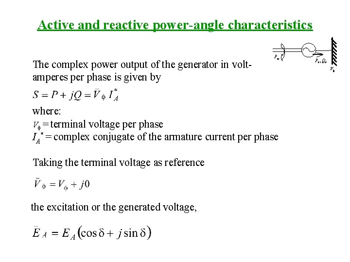 Active and reactive power-angle characteristics The complex power output of the generator in voltamperes