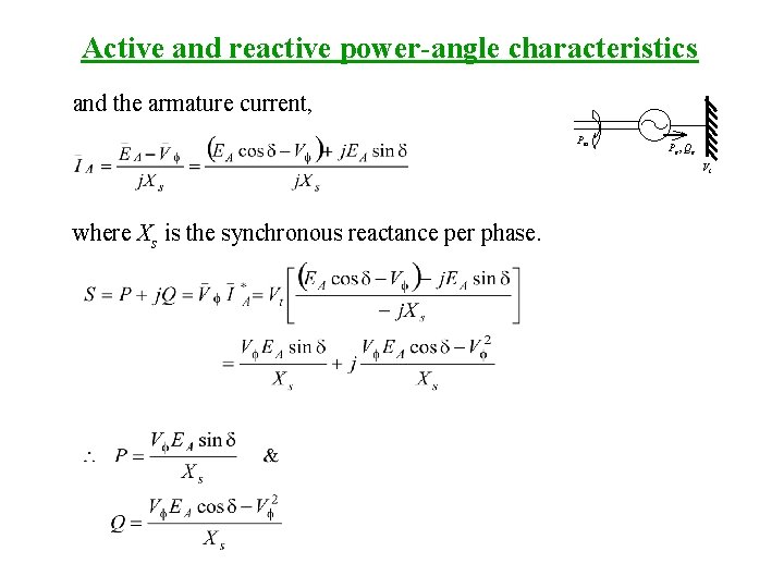 Active and reactive power-angle characteristics and the armature current, Pm Pe, Qe Vt where