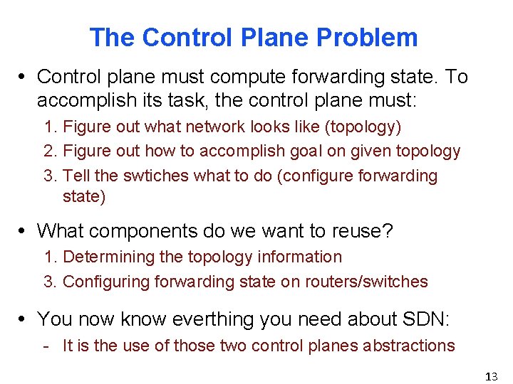 The Control Plane Problem • Control plane must compute forwarding state. To accomplish its