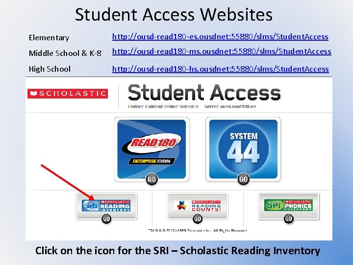 Student Access Websites Elementary http: //ousd-read 180 -es. ousdnet: 55880/slms/Student. Access Middle School &