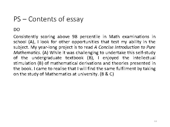 PS – Contents of essay DO Consistently scoring above 98 percentile in Math examinations