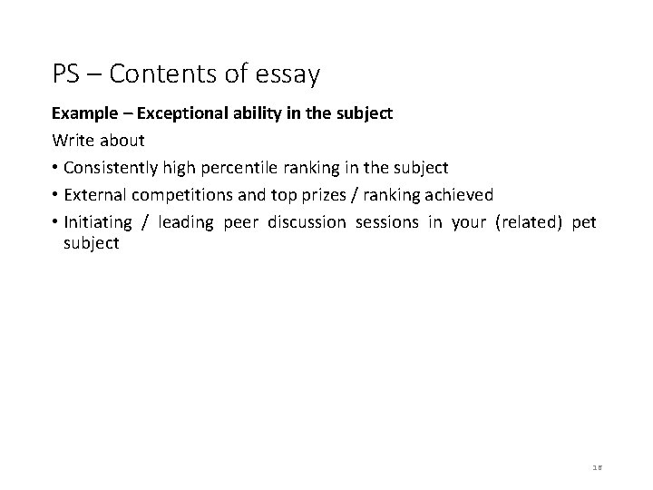 PS – Contents of essay Example – Exceptional ability in the subject Write about