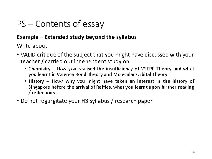 PS – Contents of essay Example – Extended study beyond the syllabus Write about