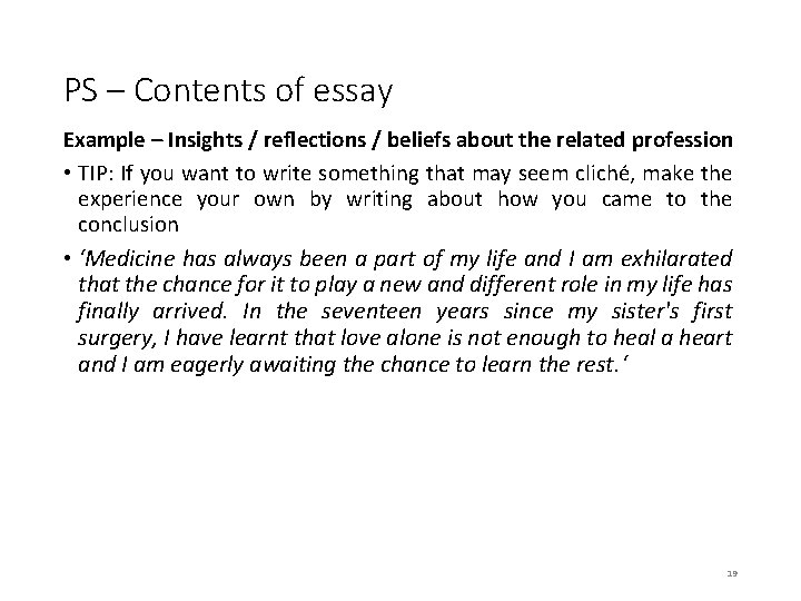 PS – Contents of essay Example – Insights / reflections / beliefs about the