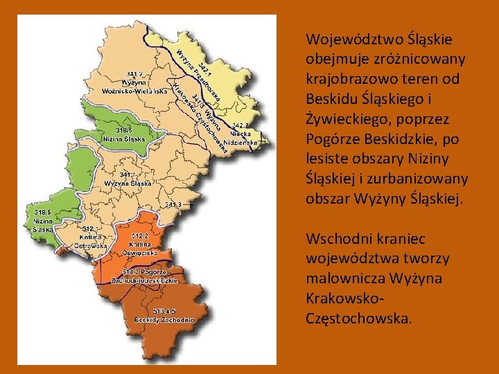 Województwo Śląskie obejmuje zróżnicowany krajobrazowo teren od Beskidu Śląskiego i Żywieckiego, poprzez Pogórze Beskidzkie,