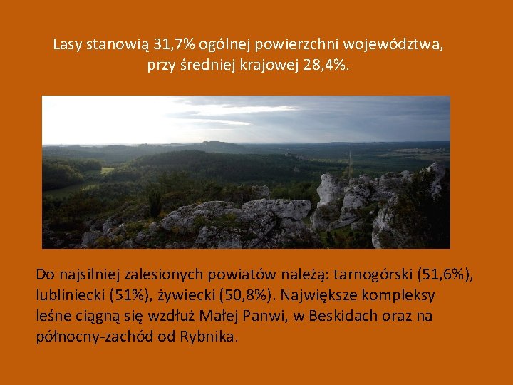 Lasy stanowią 31, 7% ogólnej powierzchni województwa, przy średniej krajowej 28, 4%. Do najsilniej