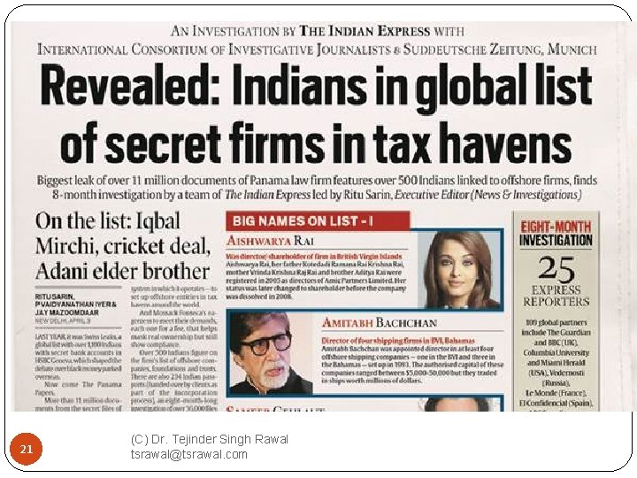 21 (C) Dr. Tejinder Singh Rawal tsrawal@tsrawal. com 