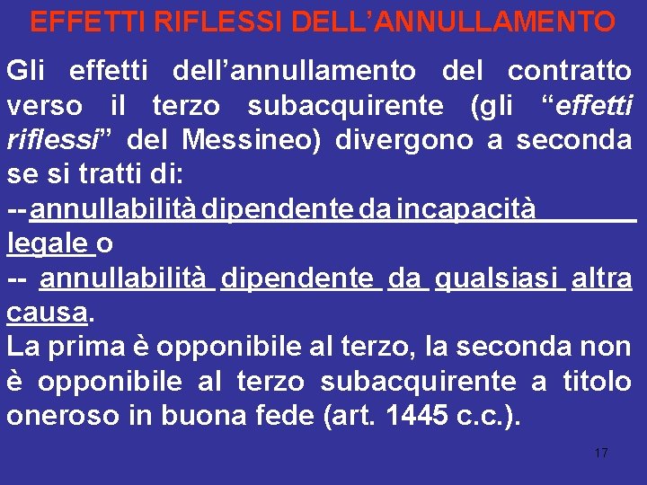 EFFETTI RIFLESSI DELL’ANNULLAMENTO Gli effetti dell’annullamento del contratto verso il terzo subacquirente (gli “effetti