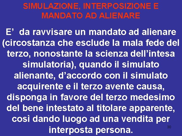 SIMULAZIONE, INTERPOSIZIONE E MANDATO AD ALIENARE E’ da ravvisare un mandato ad alienare (circostanza