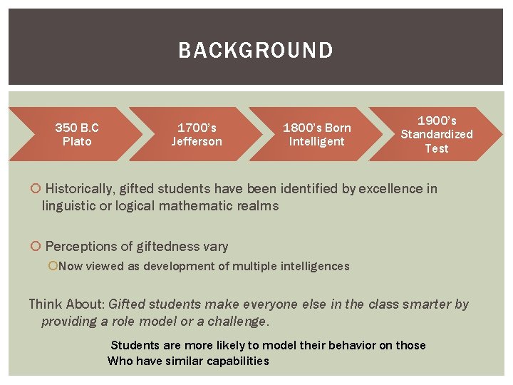 BACKGROUND 350 B. C Plato 1700’s Jefferson 1800’s Born Intelligent 1900’s Standardized Test Historically,