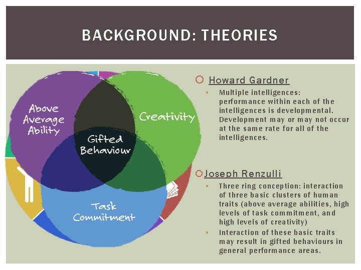 BACKGROUND: THEORIES Howard Gardner § Multiple intelligences: performance within each of the intelligences is