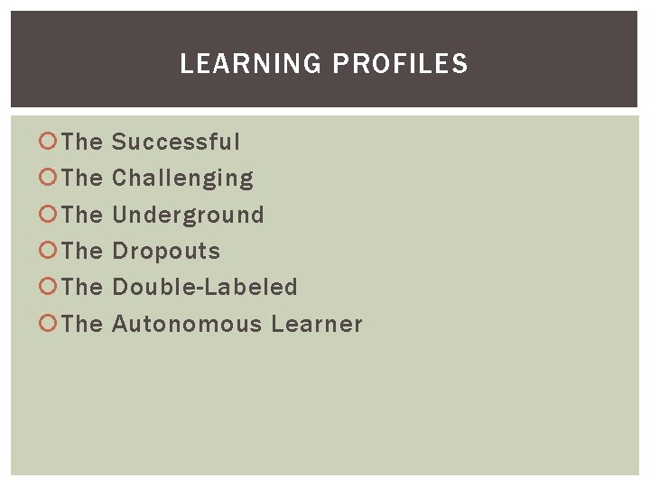 LEARNING PROFILES The The Successful Challenging Underground Dropouts Double-Labeled Autonomous Learner 