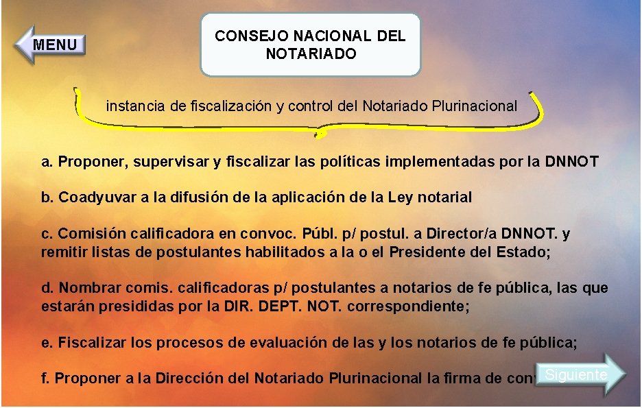 MENU CONSEJO NACIONAL DEL NOTARIADO instancia de fiscalización y control del Notariado Plurinacional a.