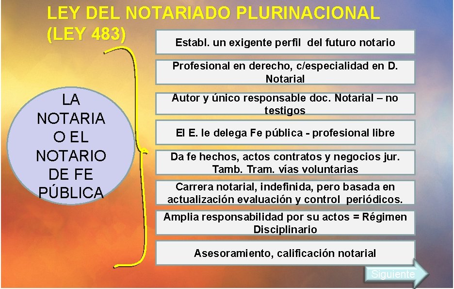 LEY DEL NOTARIADO PLURINACIONAL (LEY 483) Establ. un exigente perfil del futuro notario Profesional