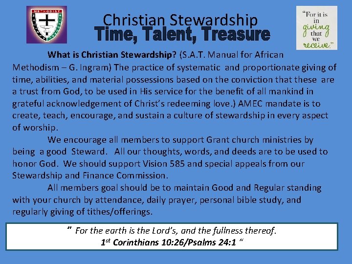  Christian Stewardship What is Christian Stewardship? (S. A. T. Manual for African Methodism