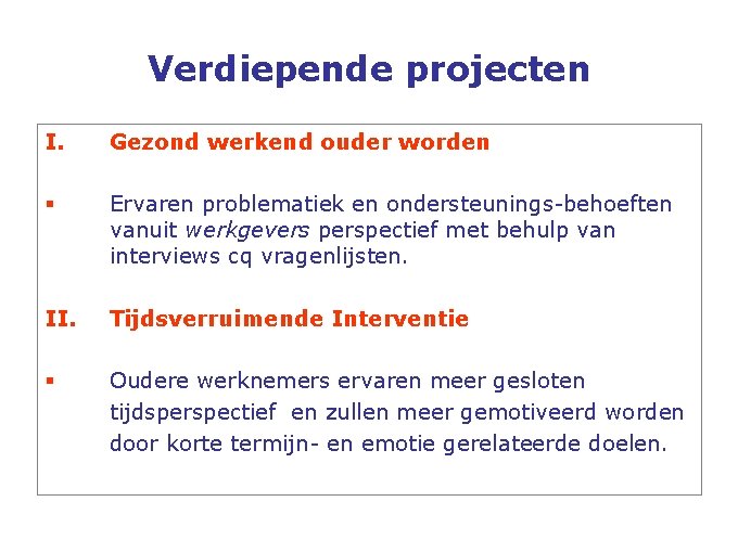 Verdiepende projecten I. Gezond werkend ouder worden § Ervaren problematiek en ondersteunings-behoeften vanuit werkgevers