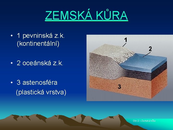 ZEMSKÁ KŮRA • 1 pevninská z. k. (kontinentální) • 2 oceánská z. k. •