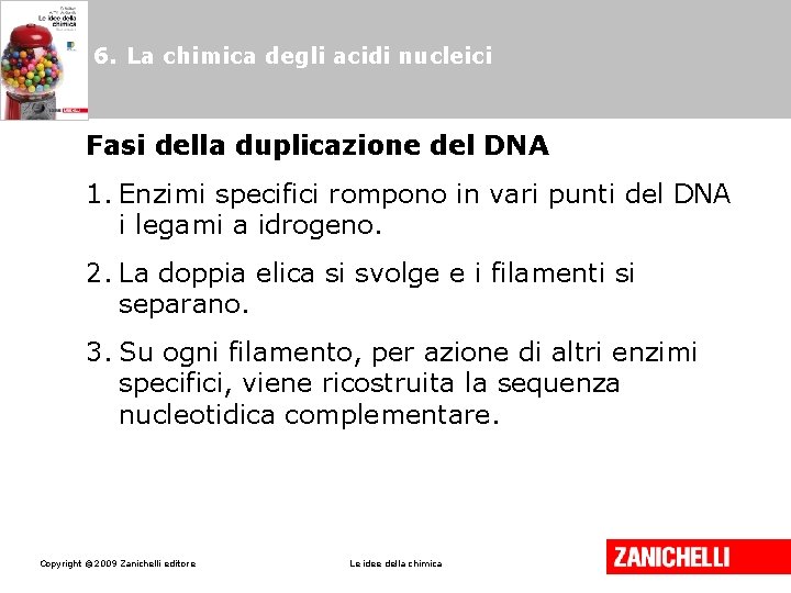 6. La chimica degli acidi nucleici Fasi della duplicazione del DNA 1. Enzimi specifici