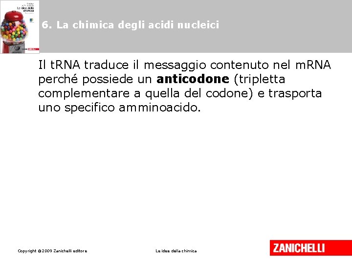 6. La chimica degli acidi nucleici Il t. RNA traduce il messaggio contenuto nel