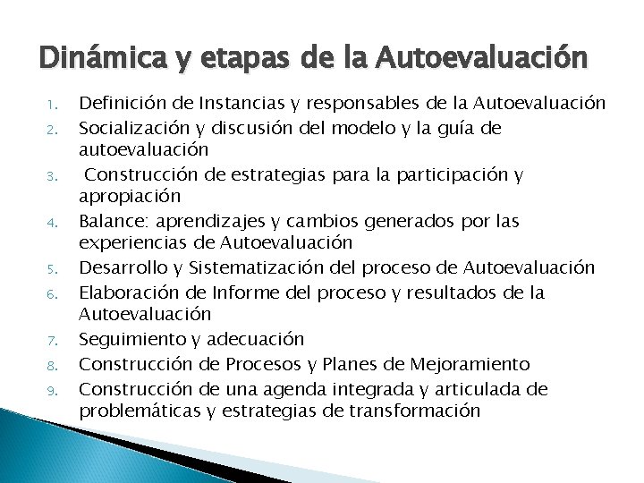 Dinámica y etapas de la Autoevaluación 1. 2. 3. 4. 5. 6. 7. 8.