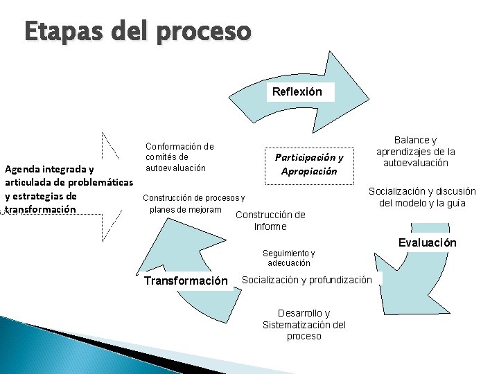 Etapas del proceso Reflexión Agenda integrada y articulada de problemáticas y estrategias de transformación