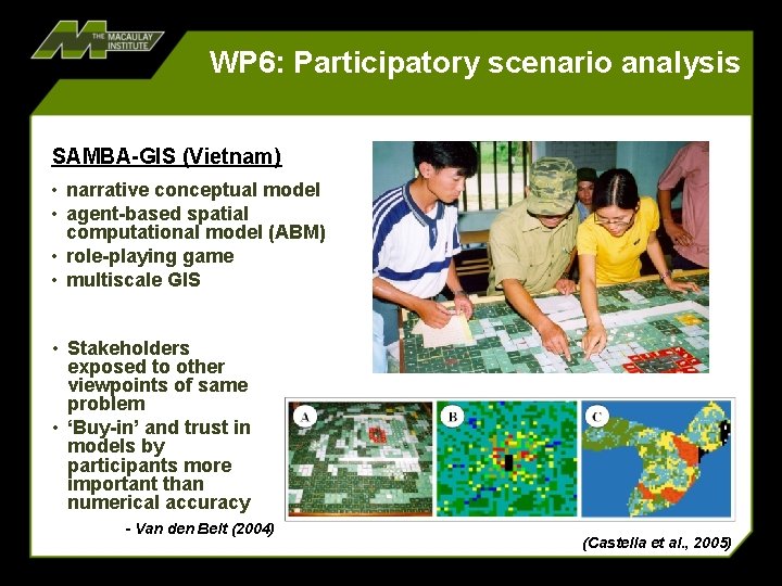 WP 6: Participatory scenario analysis SAMBA-GIS (Vietnam) • narrative conceptual model • agent-based spatial